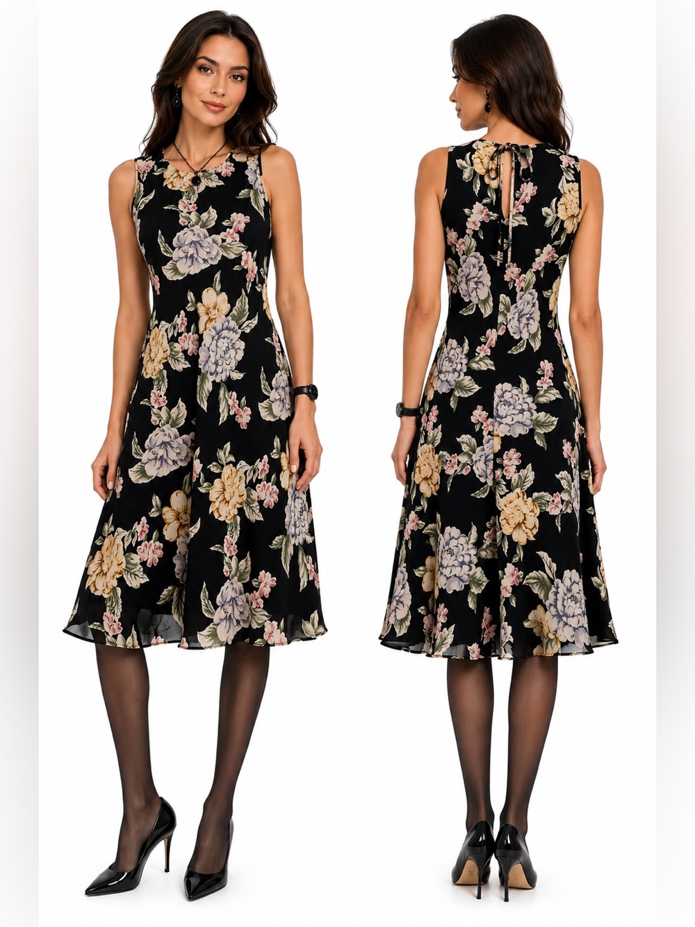 VTG 90s Donna Ricco Floral Dress Womens SZ 4 Romantic Midnight Cottagecore Work